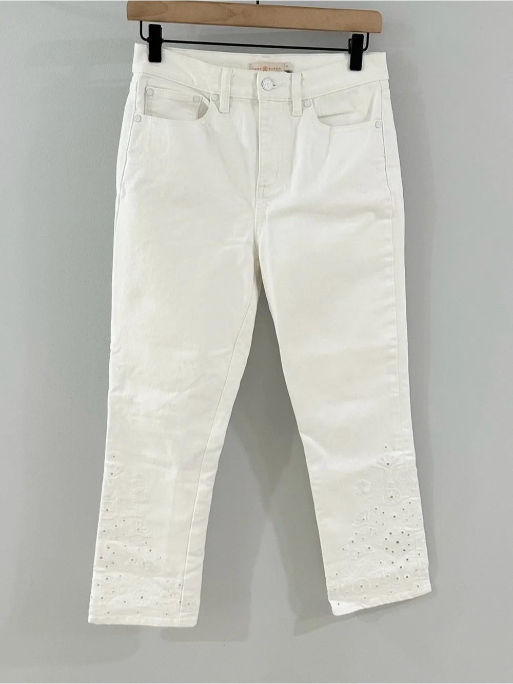 Tory Burch Kiera Straight Leg Embroidered Jeans // White // 27